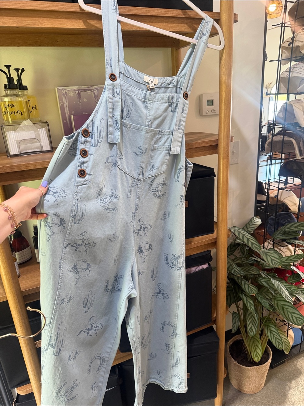 Light Wash Western Printed Denim Overalls for Women